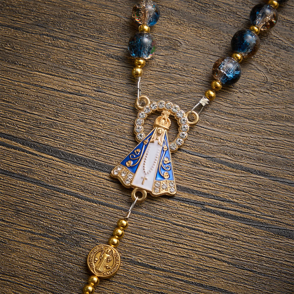 Christianartworkshop Rosario antiguo de cuentas de cristal azul champán radiante con la imagen de Nuestra Señora de Aparecida y un crucifijo detallado. - image 7
