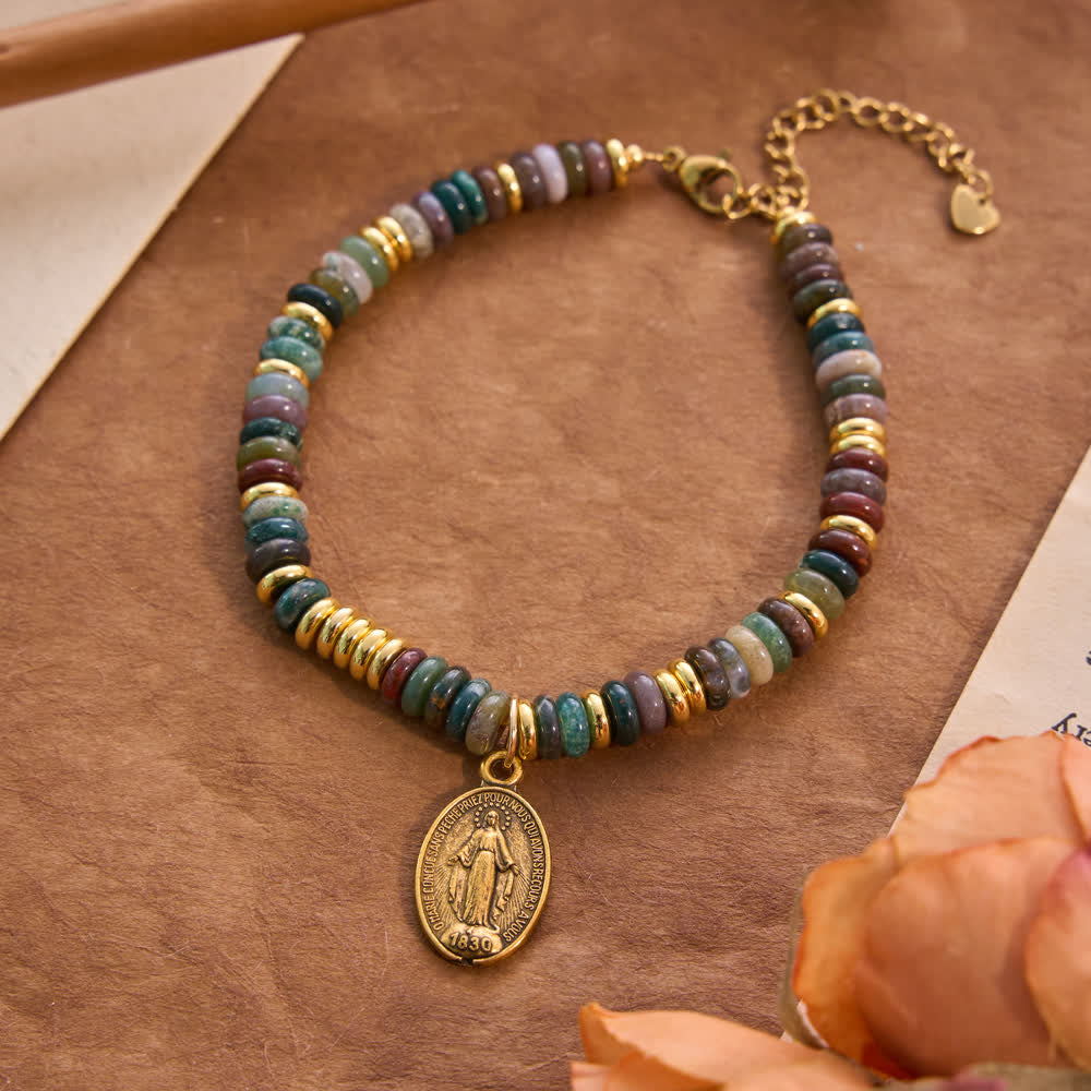 Christianartworkshop Pulsera de piedra natural con cuentas en forma de disco y la imagen de Nuestra Señora: Emblema de la suave intercesión celestial. - ágata india - image 5