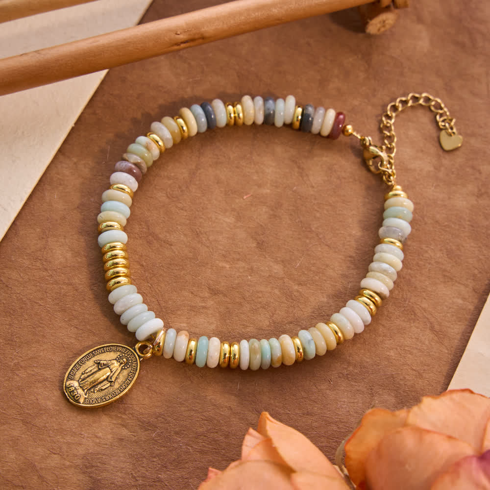 Christianartworkshop Pulsera de piedra natural con cuentas en forma de disco y la imagen de Nuestra Señora: Emblema de la suave intercesión celestial. - Piedra amazónica - image 4
