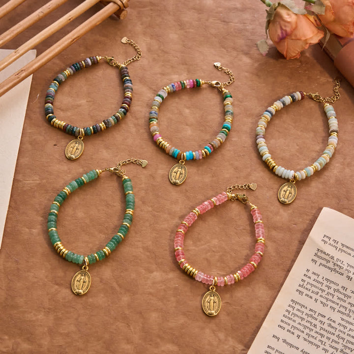 Christianartworkshop Pulsera de piedra natural con cuentas en forma de disco y la imagen de Nuestra Señora: Emblema de la suave intercesión celestial. - image 0