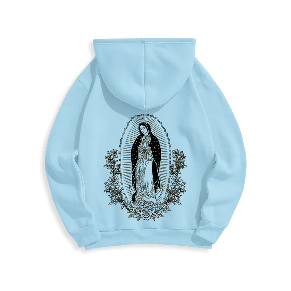 Christianartworkshop Sudadera con capucha estilo streetwear con halo floral de la Virgen María - Azul - 2XL - image 0