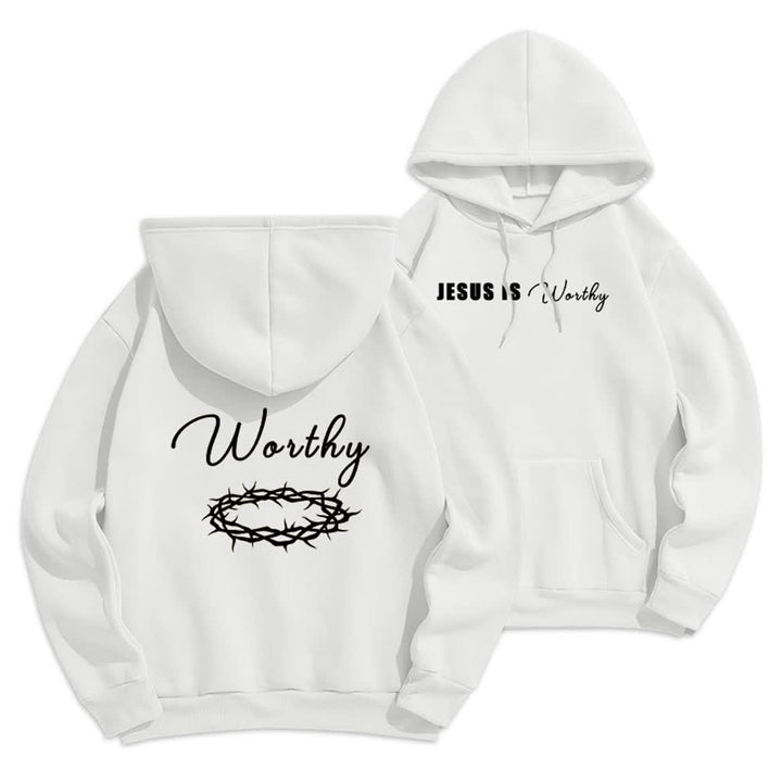 Christianartworkshop Sudadera con capucha marrón chocolate con estampado dorado "Jesús es digno" - Blanco - 2XL - image 3