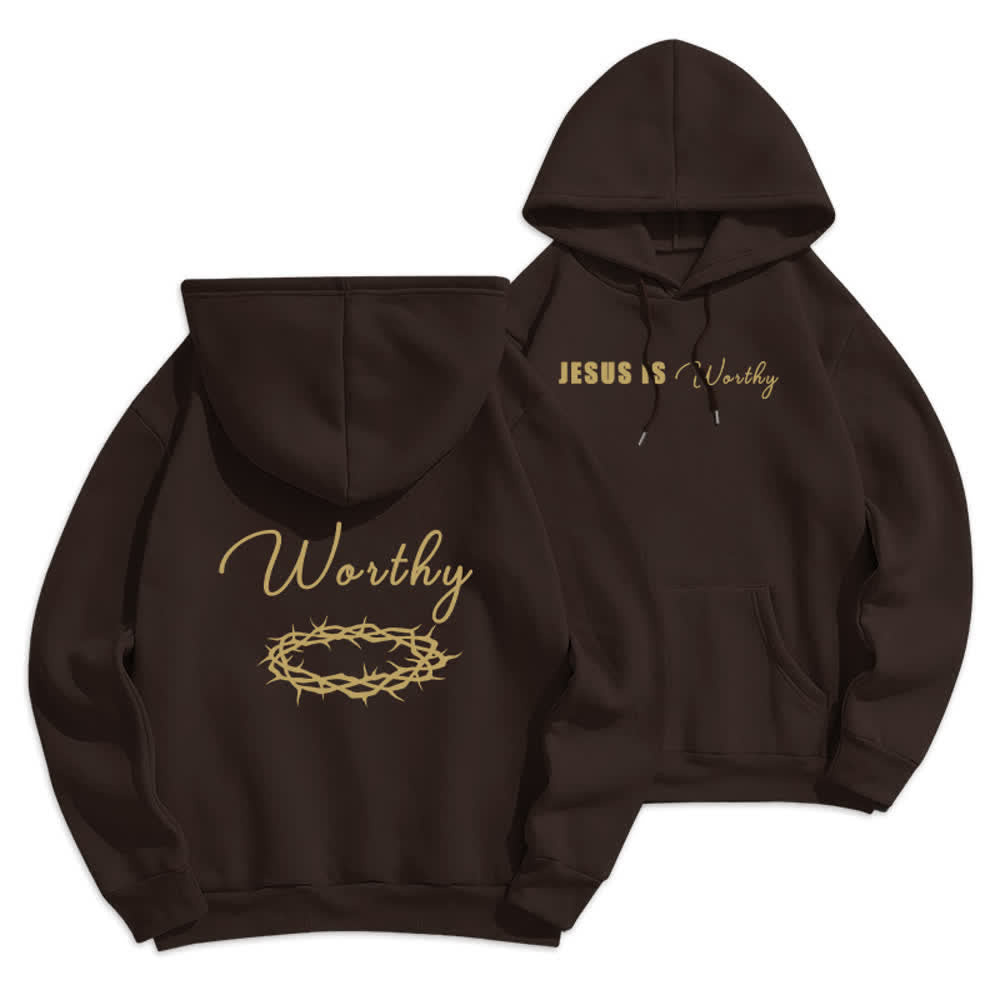 Christianartworkshop Sudadera con capucha marrón chocolate con estampado dorado "Jesús es digno" - Marrón - 2XL - image 0