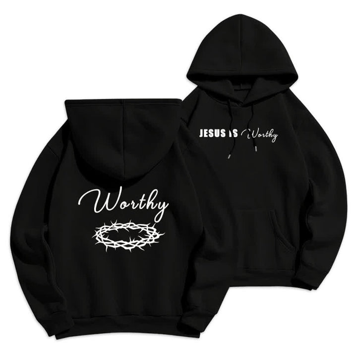 Christianartworkshop Sudadera con capucha marrón chocolate con estampado dorado "Jesús es digno" - Negro - 2XL - image 6