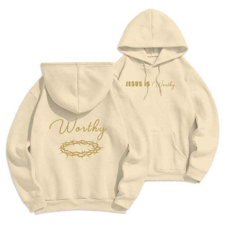 Christianartworkshop Sudadera con capucha marrón chocolate con estampado dorado "Jesús es digno" - Beige - 2XL - image 9