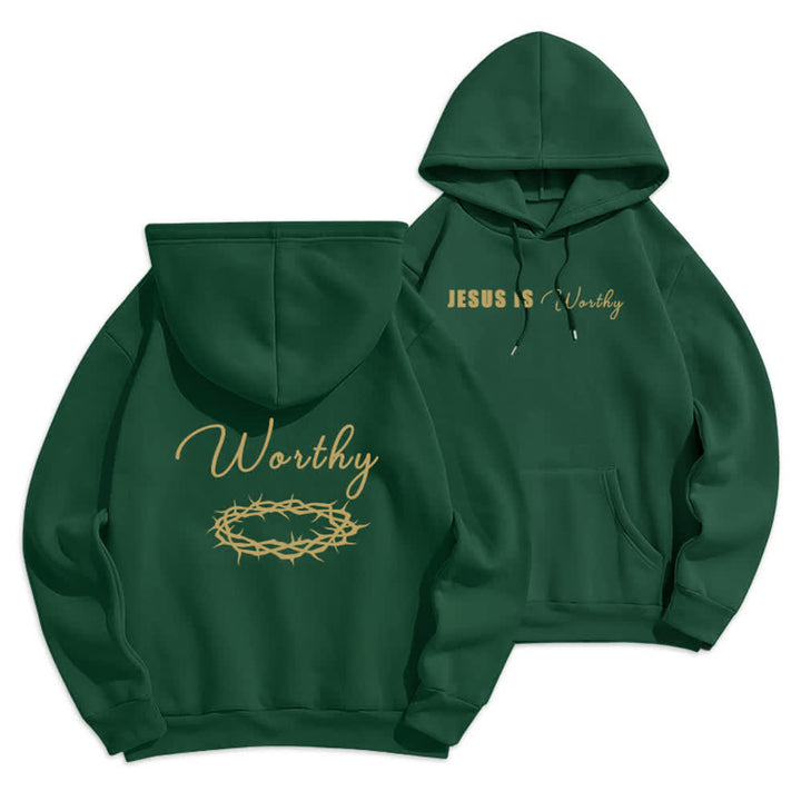 Christianartworkshop Sudadera con capucha marrón chocolate con estampado dorado "Jesús es digno" - Verde - 2XL - image 18