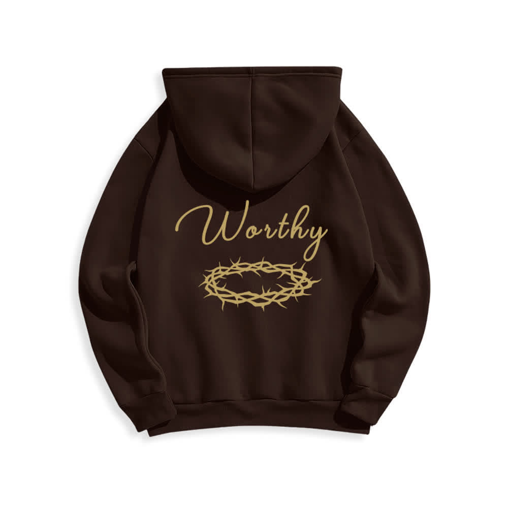 Christianartworkshop Sudadera con capucha marrón chocolate con estampado dorado "Jesús es digno" - image 1