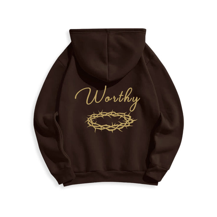 Christianartworkshop Sudadera con capucha marrón chocolate con estampado dorado "Jesús es digno" - image 1