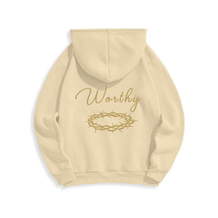 Christianartworkshop Sudadera con capucha marrón chocolate con estampado dorado "Jesús es digno" - image 10