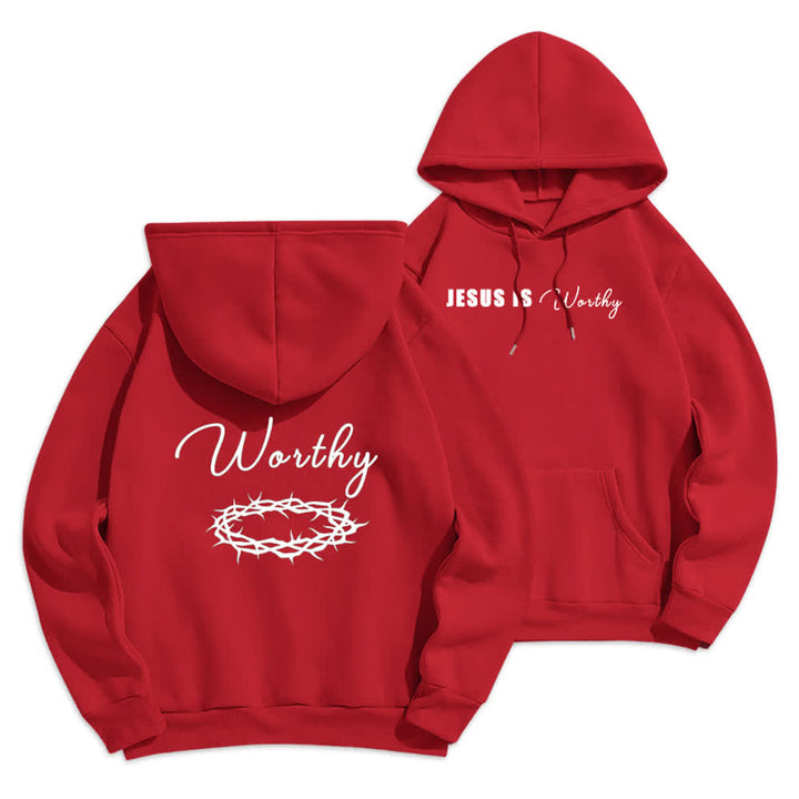 Christianartworkshop Sudadera con capucha marrón chocolate con estampado dorado "Jesús es digno" - Rojo - 2XL - image 15