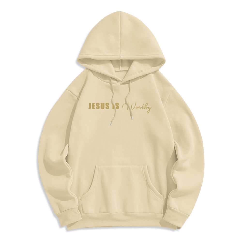 Christianartworkshop Sudadera con capucha marrón chocolate con estampado dorado "Jesús es digno" - image 11