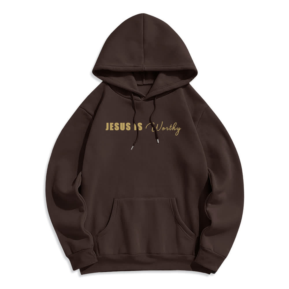 Christianartworkshop Sudadera con capucha marrón chocolate con estampado dorado "Jesús es digno" - image 2