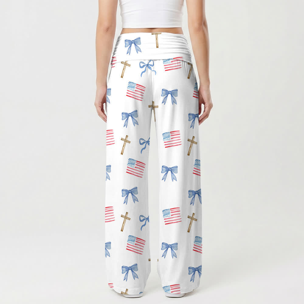 Christianartworkshop Pantalones de pierna ancha para mujer con estampado de lazo y cruz de estilo americano - image 1