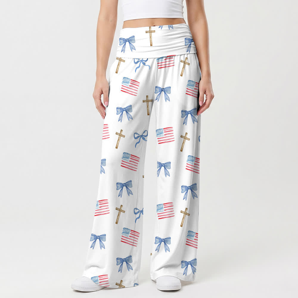 Christianartworkshop Pantalones de pierna ancha para mujer con estampado de lazo y cruz de estilo americano - EE. UU. 22, Reino Unido/Australia 26, UE 54 - image 0