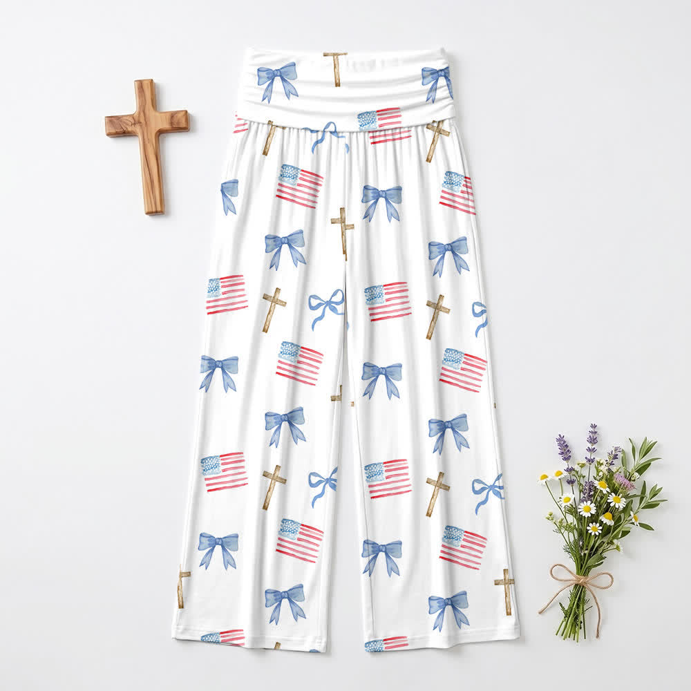 Christianartworkshop Pantalones de pierna ancha para mujer con estampado de lazo y cruz de estilo americano - image 2