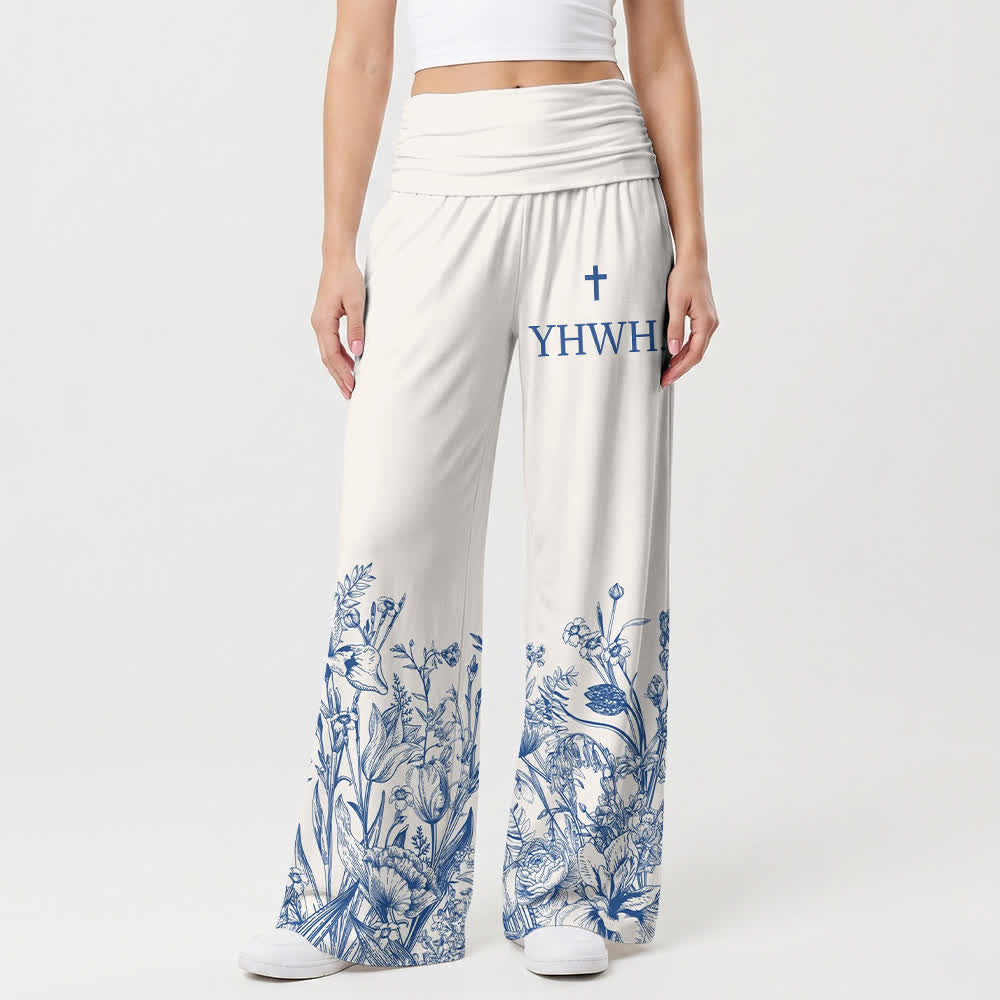 Christianartworkshop Pantalones de mujer de pierna ancha con dobladillo azul y estampado floral de YHWH. - EE. UU. 22, Reino Unido/Australia 26, UE 54 - image 0