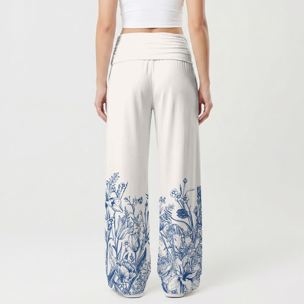 Christianartworkshop Pantalones de mujer de pierna ancha con dobladillo azul y estampado floral de YHWH. - image 1