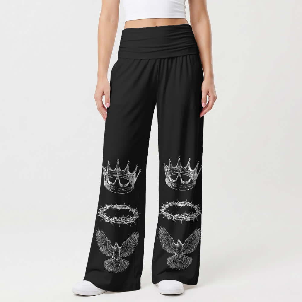 Christianartworkshop Pantalones de pierna ancha para mujer Crown And Dove con cintura plegable - image 1