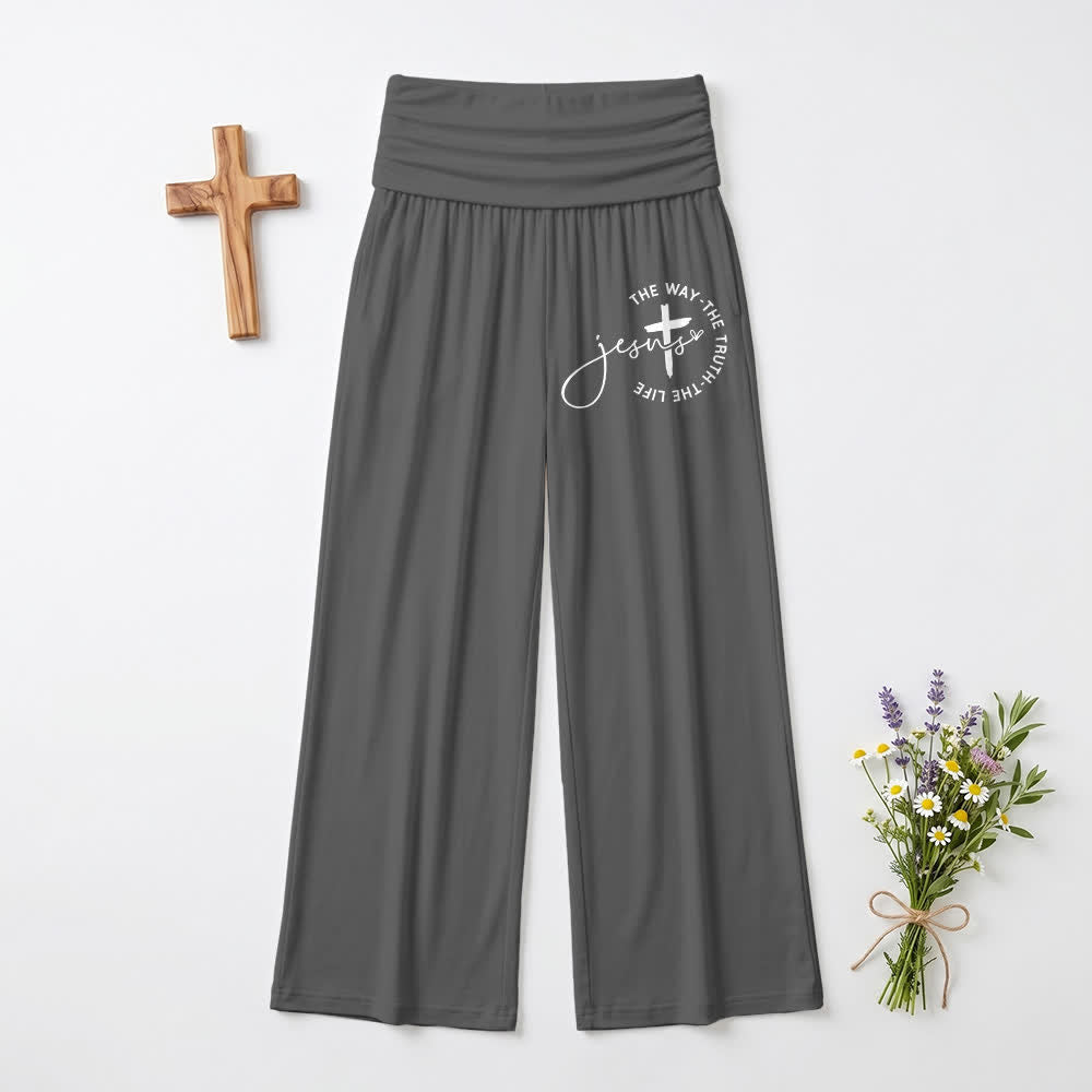 Christianartworkshop Pantalones de mujer de pierna ancha con cintura plegable y cruz de Jesús - Gris - EE. UU. 22, Reino Unido/Australia 26, UE 54 - image 0
