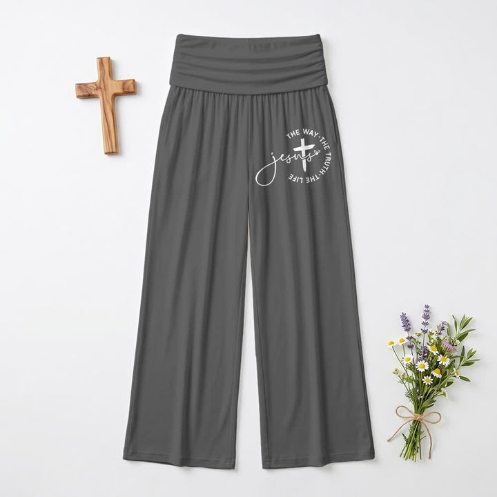 Christianartworkshop Pantalones de mujer de pierna ancha con cintura plegable y cruz de Jesús - Gris - EE. UU. 22, Reino Unido/Australia 26, UE 54 - image 0