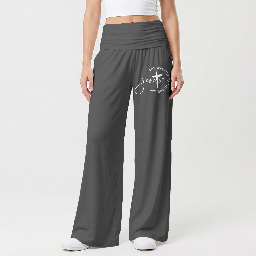 Christianartworkshop Pantalones de mujer de pierna ancha con cintura plegable y cruz de Jesús - image 1