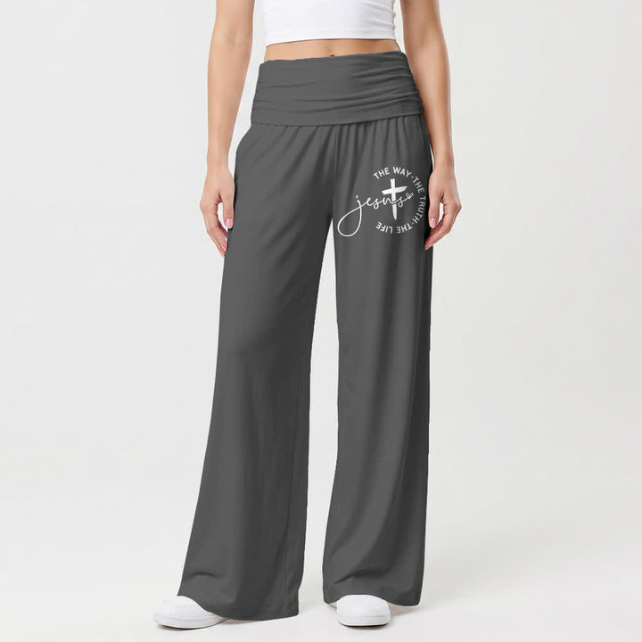 Christianartworkshop Pantalones de mujer de pierna ancha con cintura plegable y cruz de Jesús - image 1