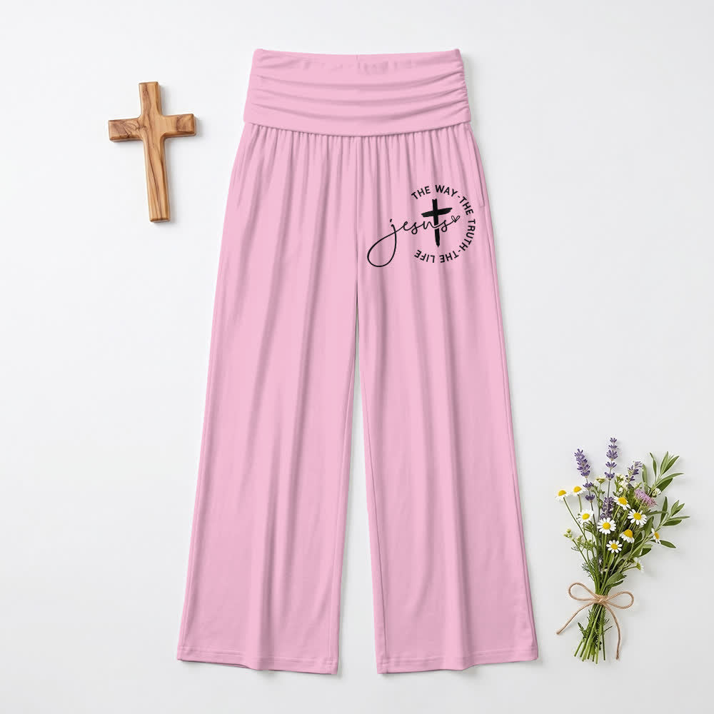Christianartworkshop Pantalones de mujer de pierna ancha con cintura plegable y cruz de Jesús - Rosa - EE. UU. 22, Reino Unido/Australia 26, UE 54 - image 3