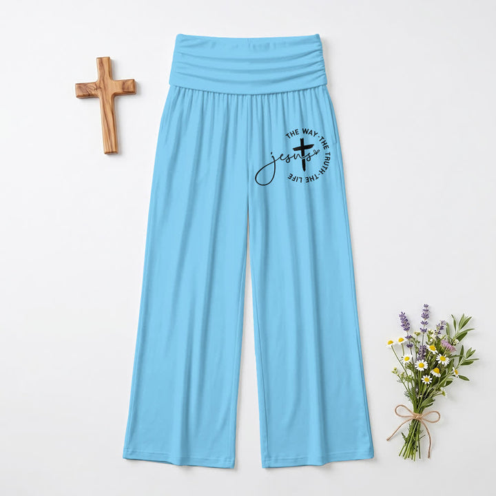 Christianartworkshop Pantalones de mujer de pierna ancha con cintura plegable y cruz de Jesús - Azul - EE. UU. 22, Reino Unido/Australia 26, UE 54 - image 12