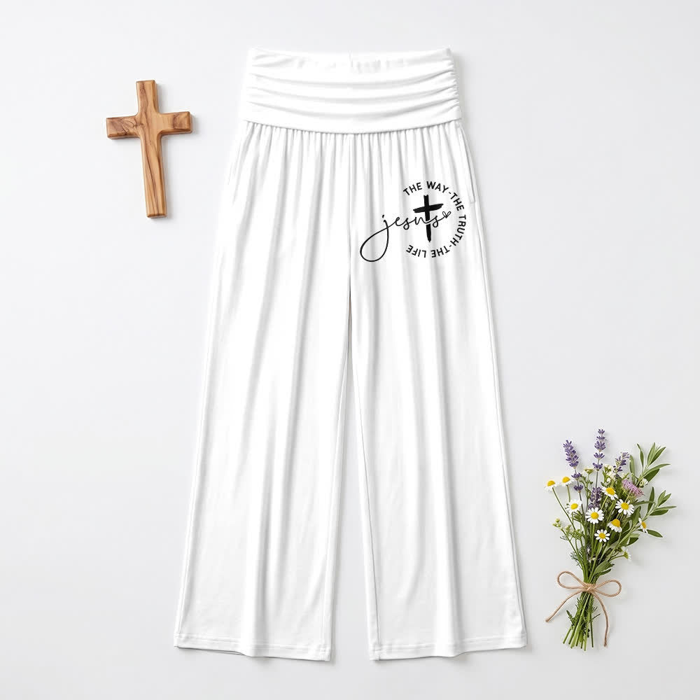 Christianartworkshop Pantalones de mujer de pierna ancha con cintura plegable y cruz de Jesús - Blanco - EE. UU. 22, Reino Unido/Australia 26, UE 54 - image 6