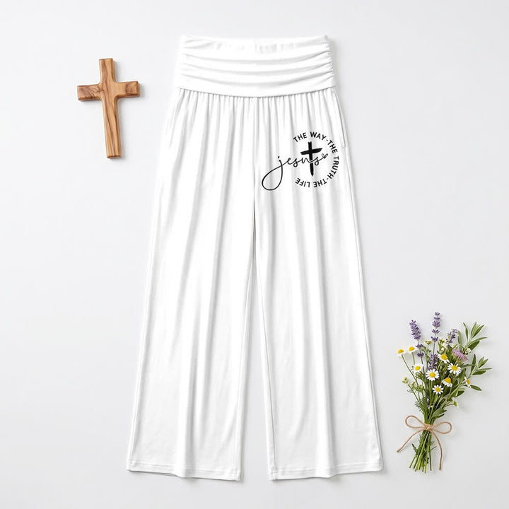 Christianartworkshop Pantalones de mujer de pierna ancha con cintura plegable y cruz de Jesús - Blanco - EE. UU. 22, Reino Unido/Australia 26, UE 54 - image 6