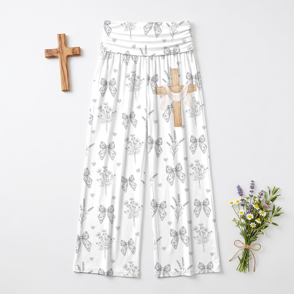 Christianartworkshop Pantalones de pierna ancha para mujer con estampado floral y lazo en gris suave - image 2