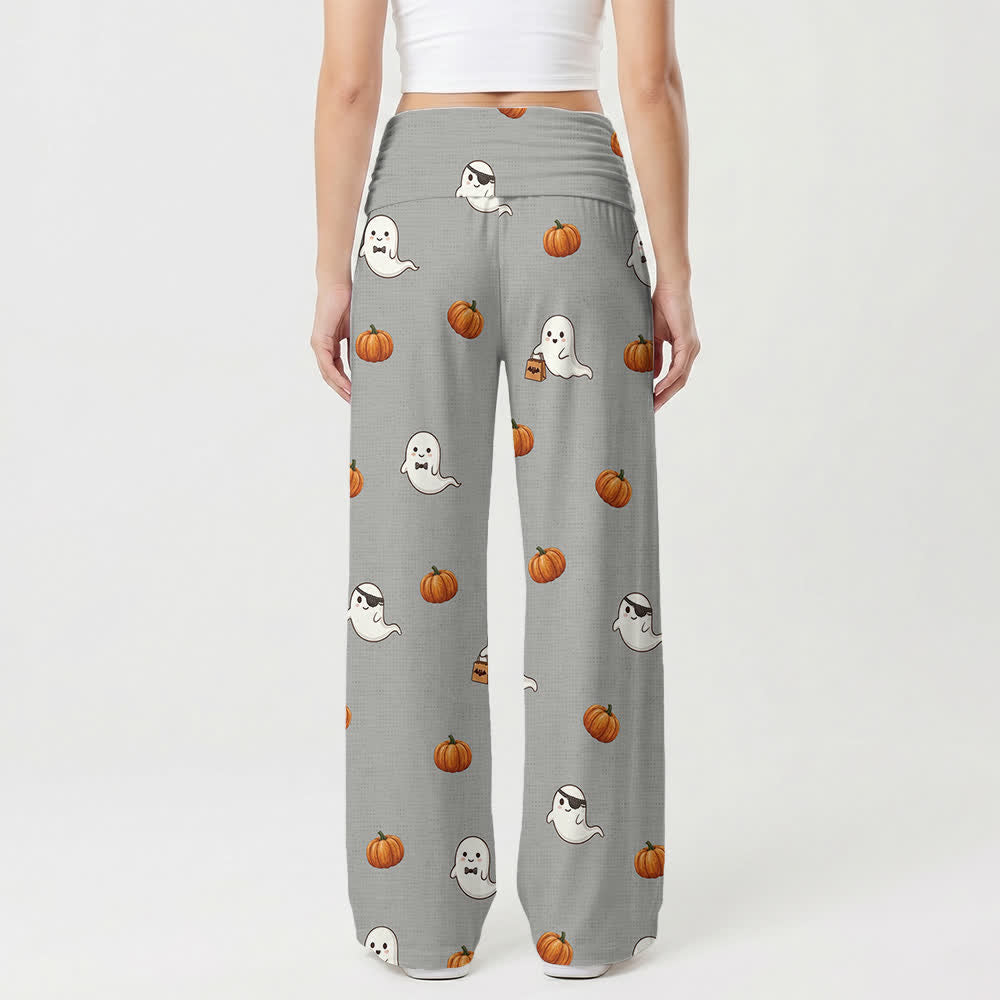 Christianartworkshop Pantalones de pierna ancha para mujer con estampado de calabaza fantasma y cruz. - image 2