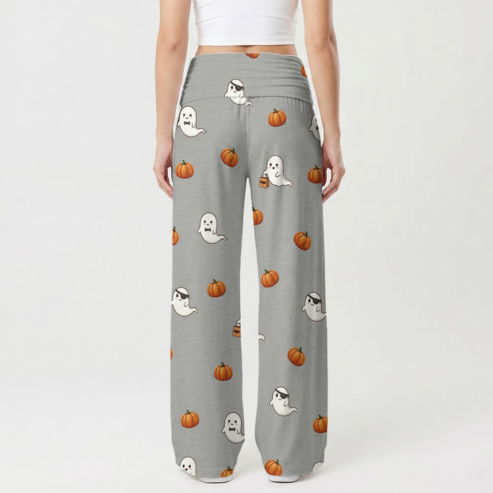 Christianartworkshop Pantalones de pierna ancha para mujer con estampado de calabaza fantasma y cruz. - image 2