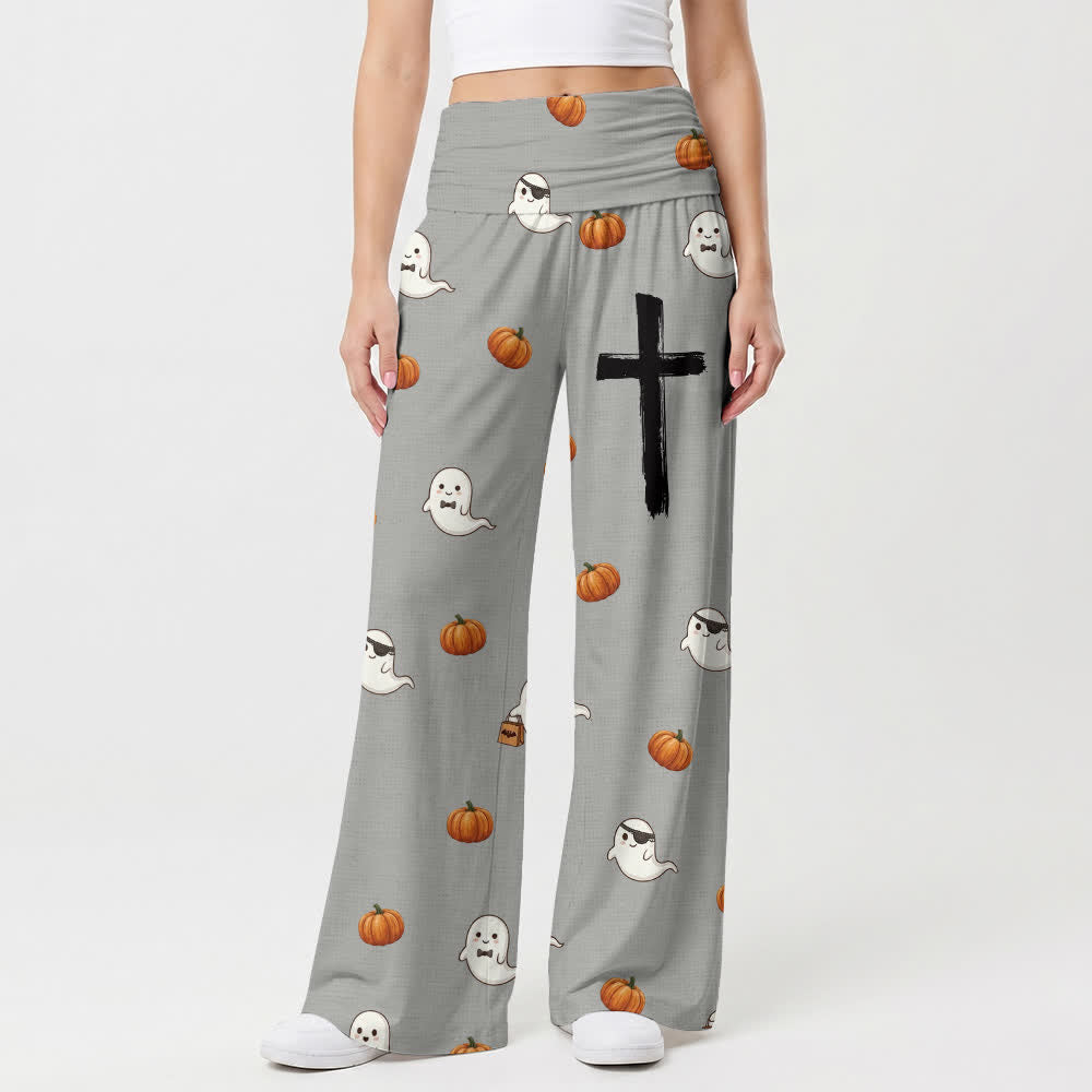 Christianartworkshop Pantalones de pierna ancha para mujer con estampado de calabaza fantasma y cruz. - image 1