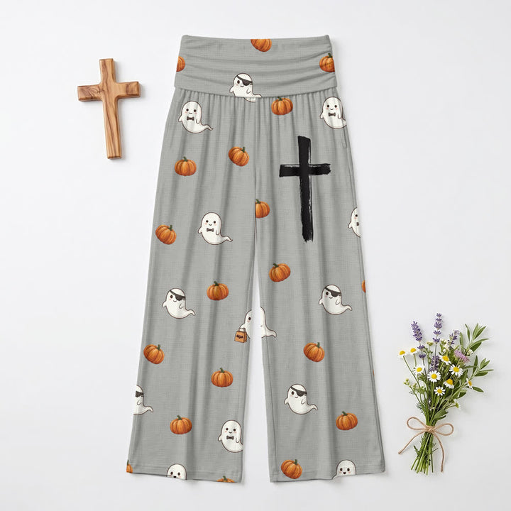 Christianartworkshop Pantalones de pierna ancha para mujer con estampado de calabaza fantasma y cruz. - EE. UU. 22, Reino Unido/Australia 26, UE 54 - image 0