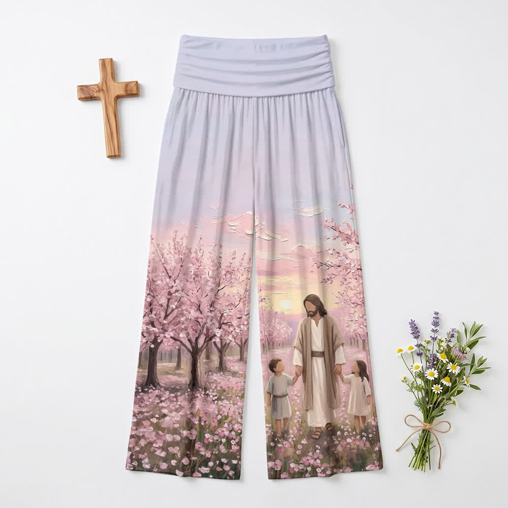 Christianartworkshop Pantalones de pierna ancha para mujer con estampado de amanecer en flores de cerezo de Jesús - EE. UU. 22, Reino Unido/Australia 26, UE 54 - image 0