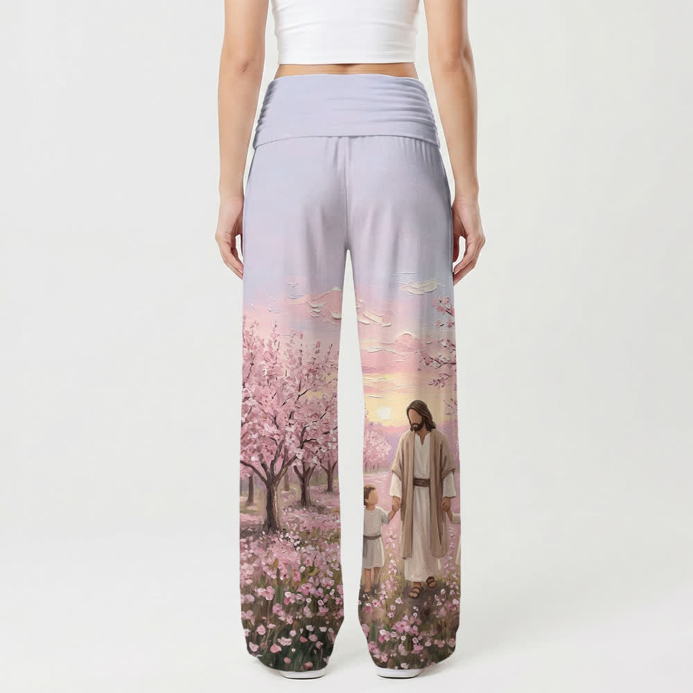Christianartworkshop Pantalones de pierna ancha para mujer con estampado de amanecer en flores de cerezo de Jesús - image 2