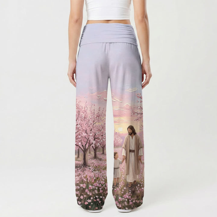 Christianartworkshop Pantalones de pierna ancha para mujer con estampado de amanecer en flores de cerezo de Jesús - image 2