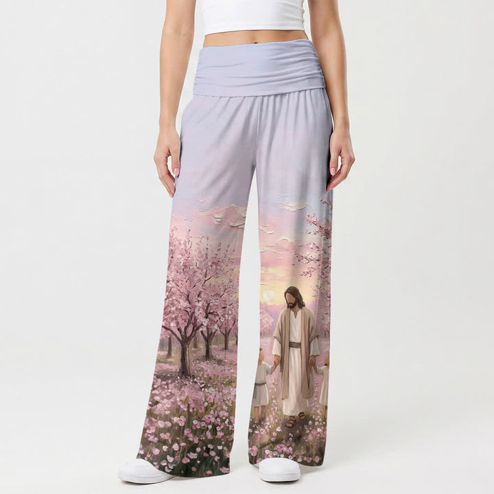 Christianartworkshop Pantalones de pierna ancha para mujer con estampado de amanecer en flores de cerezo de Jesús - image 1