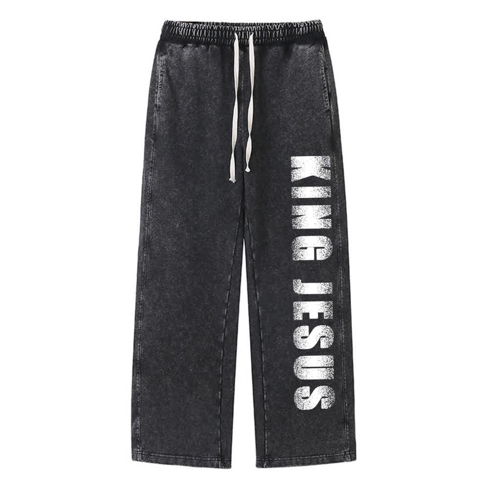 Christianartworkshop Pantalones deportivos lavados con estampado vintage de King Jesus de la calle - Negro - XL - image 0