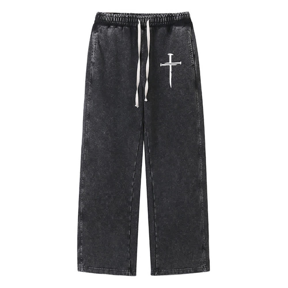 Christianartworkshop Pantalones deportivos de estilo urbano con estampado de cruz vintage, lavados. - Negro - 2XL - image 0
