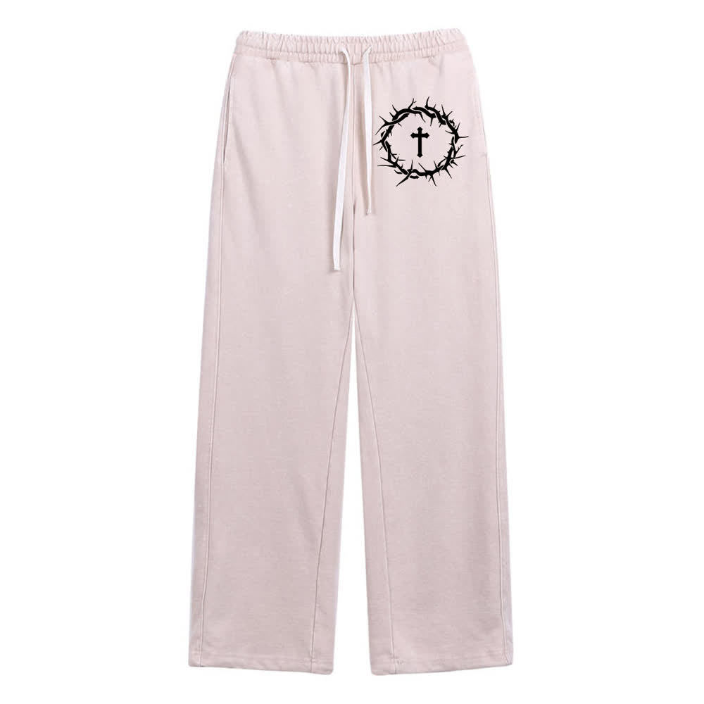 Christianartworkshop Pantalones deportivos lavados de corte relajado con diseño de cruz de espinas - image 0
