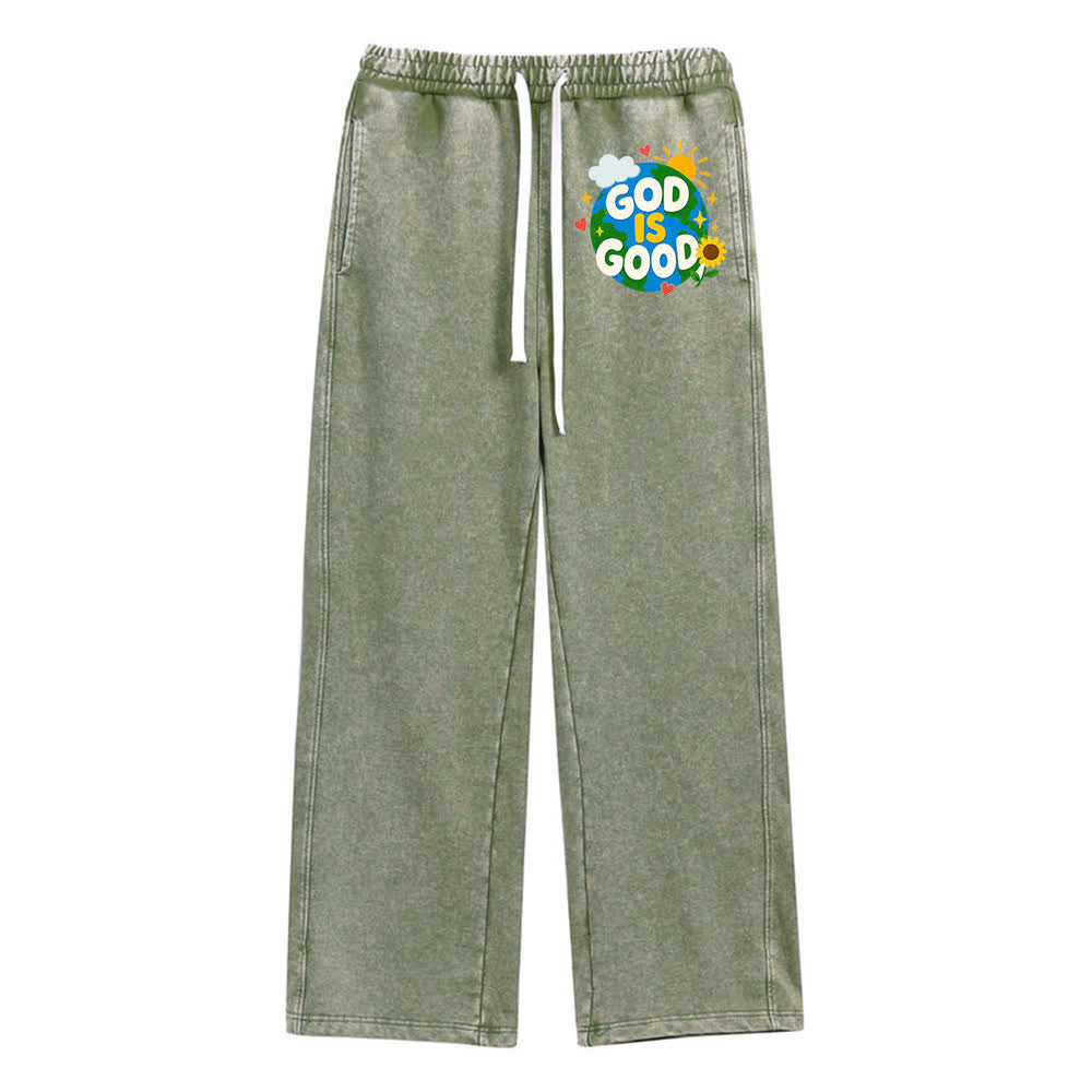 Christianartworkshop Pantalones deportivos lavados con estampado de girasoles y la frase "Dios es bueno" - Verde militar - 2XL - image 0