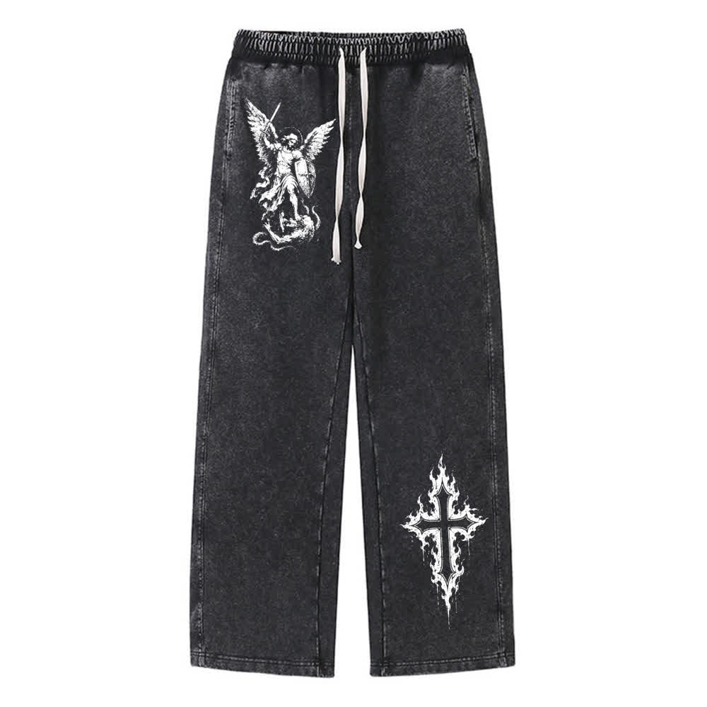 Christianartworkshop Pantalones deportivos vintage lavados con la Cruz de la Llama del Arcángel de San Miguel - Negro - 2XL - image 0