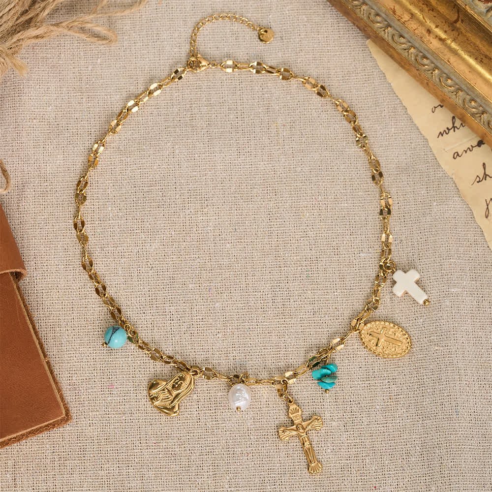 Christianartworkshop Collar con múltiples dijes, crucifijo y cruz, emblema de Nuestra Señora, símbolo de dulce consuelo celestial. - image 1