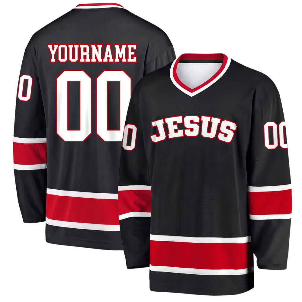 Christianartworkshop Camiseta de hockey Nombre y número personalizados de JESÚS (declaración de fe en negrita) - Negro - 5XL - Nombre y número personalizados - image 0
