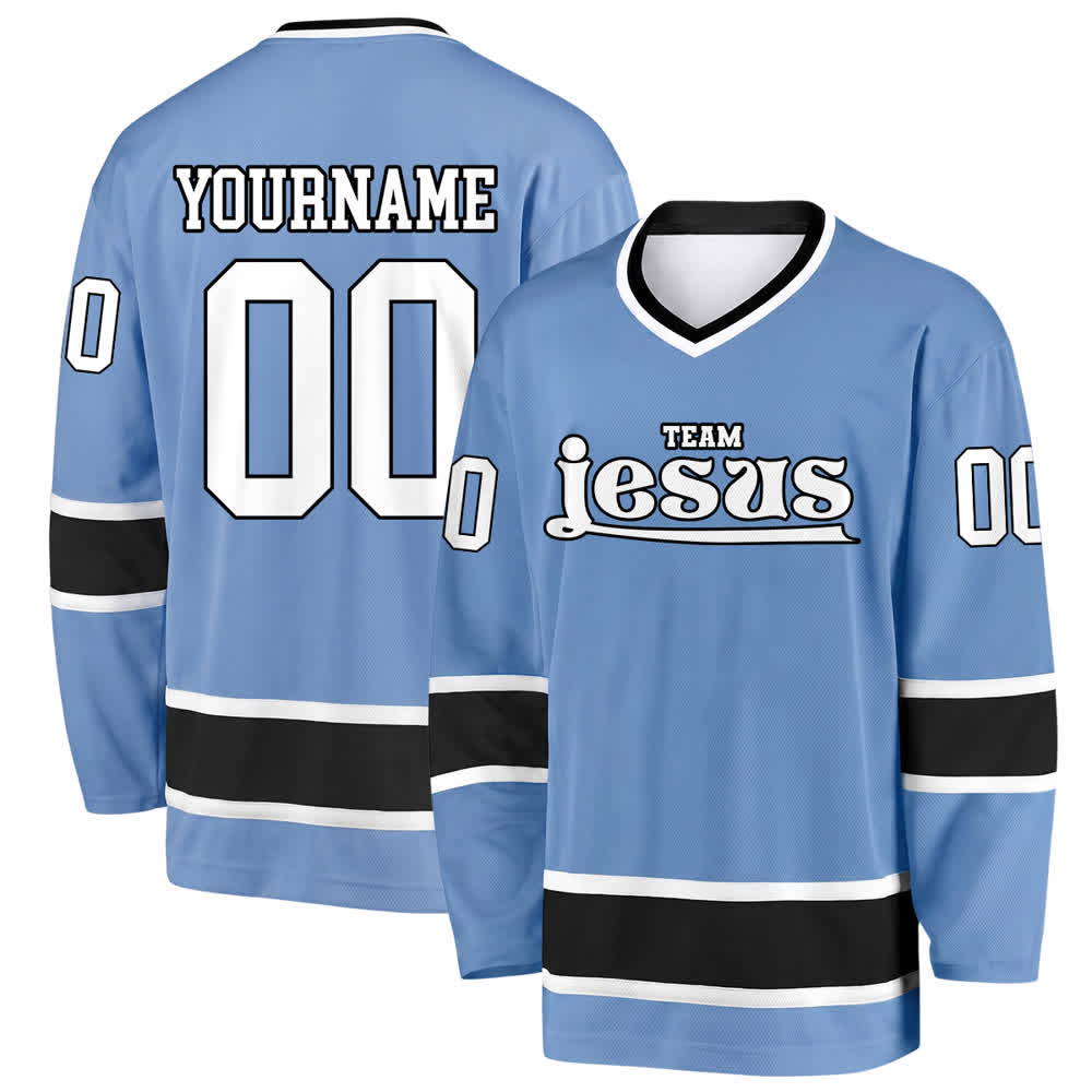 Christianartworkshop Camiseta de hockey Nombre y número personalizados del equipo Jesus Faith - Azul cielo - 5XL - Nombre y número personalizados - image 0