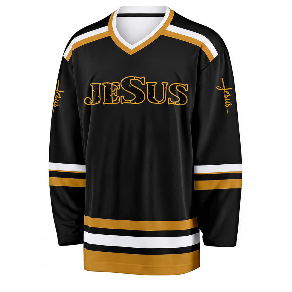 Christianartworkshop Camiseta de hockey estilo universitario negra y dorada de Jesús - image 1