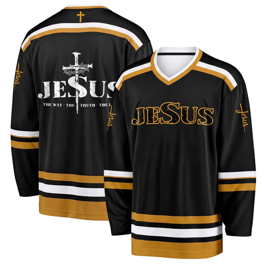 Christianartworkshop Camiseta de hockey estilo universitario negra y dorada de Jesús - 5XL - image 0