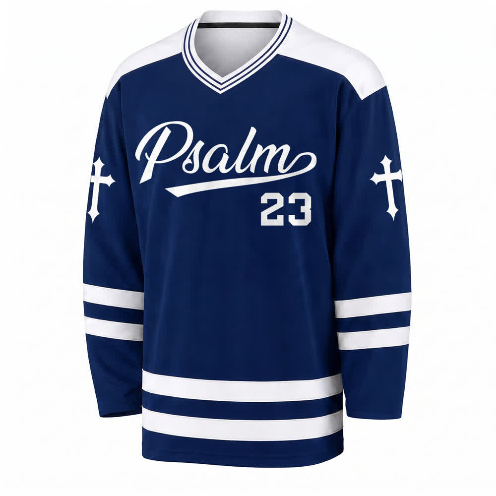 Christianartworkshop Camiseta de hockey vintage azul marino con mangas cruzadas y el Salmo 23 - image 1